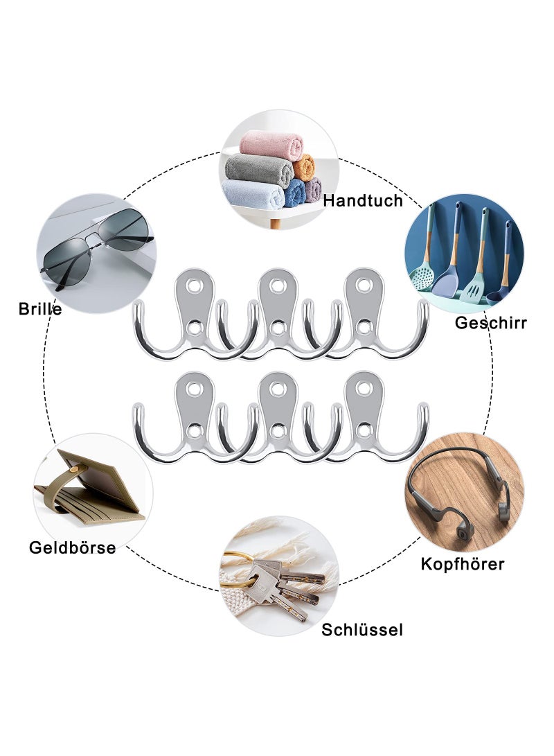 SYOSI Double Prong Robe Hooks, 6Pcs Dual Coat Hooks Door Hooks with 12Pcs Screws Chrome Wall Mounted Hooks for Hanging Hat Tie Clothes Towel Metal Retro Cloth Hanger Silver for Bedroom Bathroom Kitchen  - Image 2