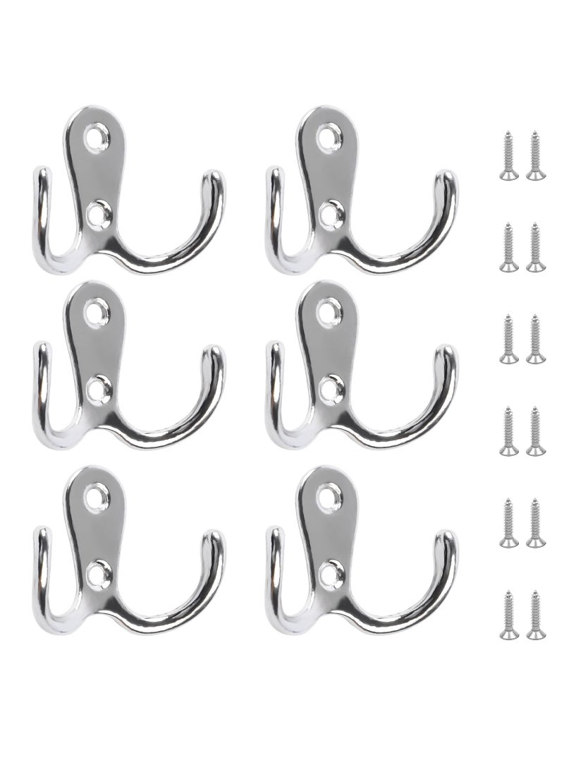 SYOSI Double Prong Robe Hooks, 6Pcs Dual Coat Hooks Door Hooks with 12Pcs Screws Chrome Wall Mounted Hooks for Hanging Hat Tie Clothes Towel Metal Retro Cloth Hanger Silver for Bedroom Bathroom Kitchen  - Image 1