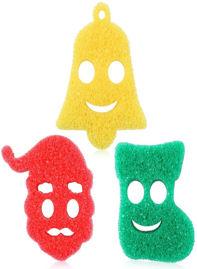 Baderke 3 Pcs Christmas Cleaning Sponges Cute Kitchen Sponges Xmas Sponge Temperature Sensitive Non Scratch Cleaning Sponges Scrubber for Dish Pots Pans Dishwashing(Bell, Stocking, Santa Claus) - Image 1