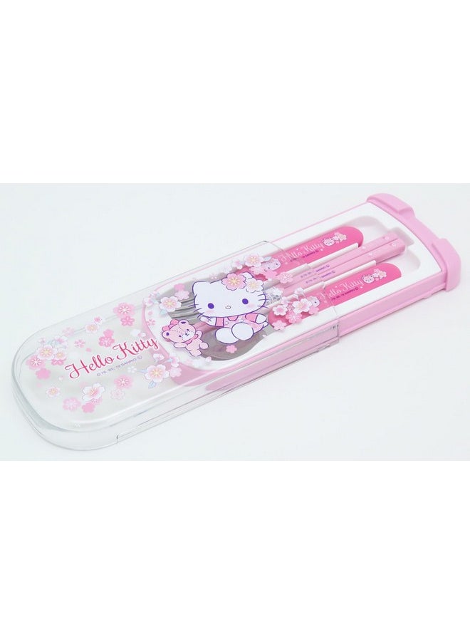 OSK OSK CT-20 Hello Kitty Cutlery Set, Sakura, Pull, Trio, Chopsticks, Spoon, Fork, Made in Japan, Sliding, Dishwasher Safe, Easy to Use, For Girls, Children, Elementary School Students  - Image 1