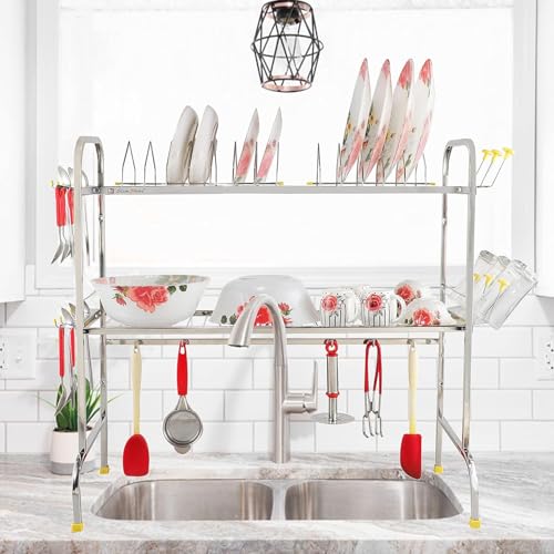 Slim Shine SLIMSHINE Stainless Steel Over The Sink Dish Drying Rack | 2-Tier Utensil Holder for Kitchen | Counter Top Sink Standing Shelf for Organize Kitchen (29 X 29) INCH - Image 1