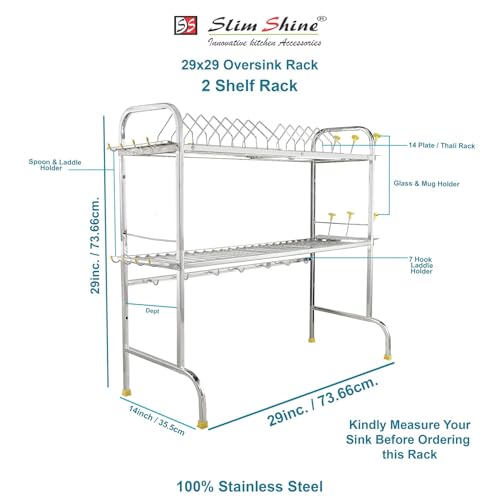 Slim Shine SLIMSHINE Stainless Steel Over The Sink Dish Drying Rack | 2-Tier Utensil Holder for Kitchen | Counter Top Sink Standing Shelf for Organize Kitchen (29 X 29) INCH - Image 3