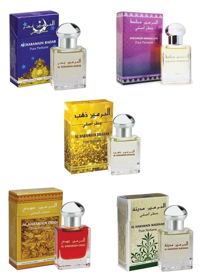 Al Haramain - Set of 5 Haramain Pure Perfume Badar Dhahab Mukhallath Madinah 15ML Perfume Oil - Combo - Unisex - Image 1