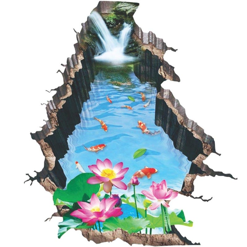 Jagvii Colorful fishes with lotus and water fall Floor sticker PVC Vinyl SelfAdhesive Just Peel and Stick 3D Quality Product Pack of 1 Multicolor Size 40 cm X 45 cm Brand Jagvii Floor Sticker