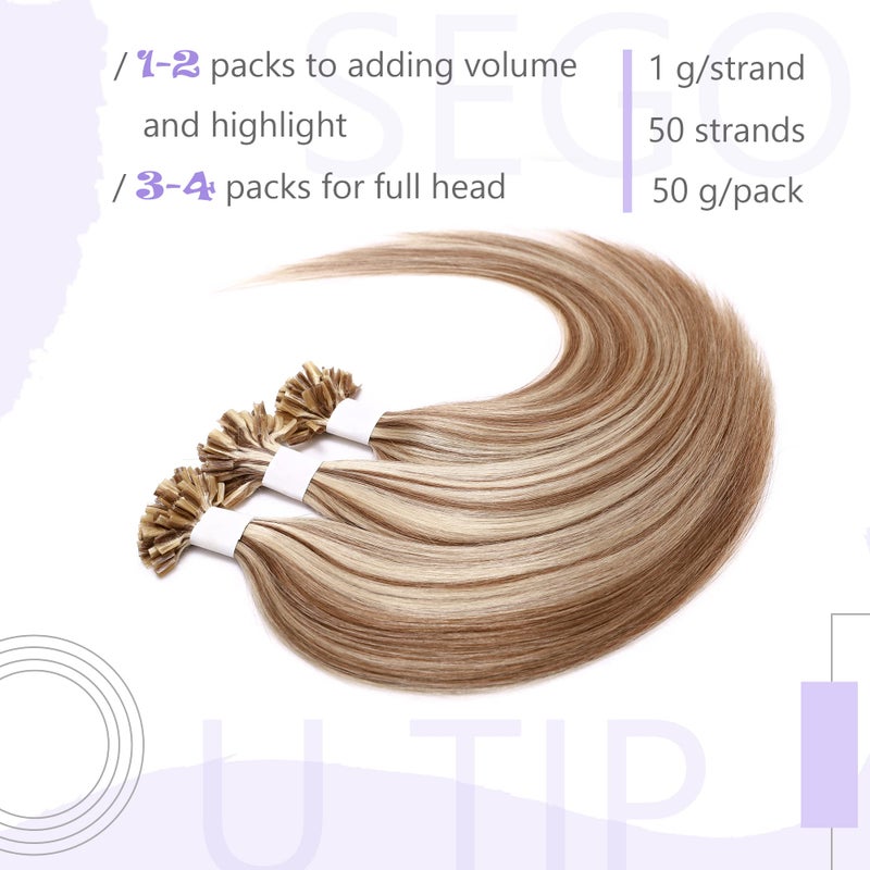 SEGO U Tip Hair Extensions Real Human Hair Pre Bonded Keratin Fusion Nail Tip Balayage Natural Silky Straight Extensions 50 Strands 50g/Pack -20 Inch Ash Blonde&Bleach Blonde - Image 5