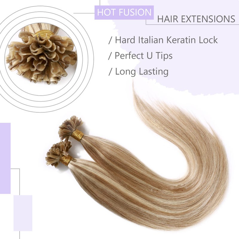 SEGO U Tip Hair Extensions Real Human Hair Pre Bonded Keratin Fusion Nail Tip Balayage Natural Silky Straight Extensions 50 Strands 50g/Pack -20 Inch Ash Blonde&Bleach Blonde - Image 3