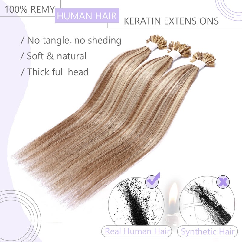 SEGO U Tip Hair Extensions Real Human Hair Pre Bonded Keratin Fusion Nail Tip Balayage Natural Silky Straight Extensions 50 Strands 50g/Pack -20 Inch Ash Blonde&Bleach Blonde - Image 4