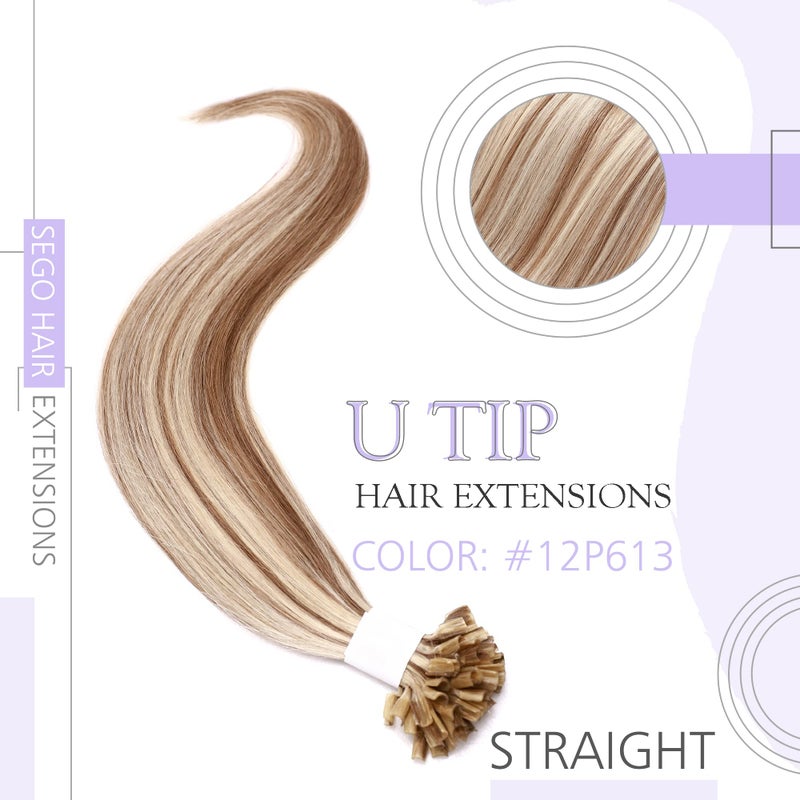 SEGO U Tip Hair Extensions Real Human Hair Pre Bonded Keratin Fusion Nail Tip Balayage Natural Silky Straight Extensions 50 Strands 50g/Pack -20 Inch Ash Blonde&Bleach Blonde - Image 2