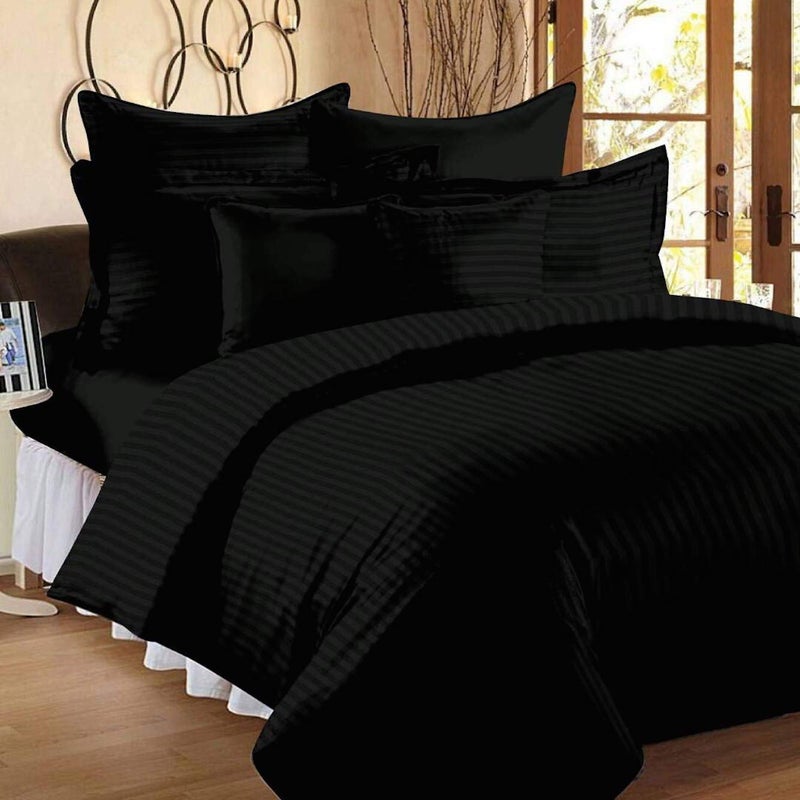 QWF 300 TC 100% Cotton Satin Double Queen Size Bedsheet with 2 Pillow Covers Plain Premium Platinum Superior Elegant Solid Stripes - 90 x 100 (Black) - Image 4