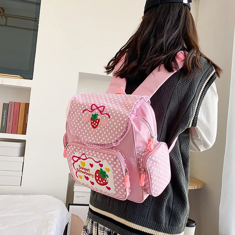 Lovemore Kawaii Embroidery Strawberry Backpack for Girl Teen Student School Bag Satchel Cute Pink Lace JK Backpack - Image 3