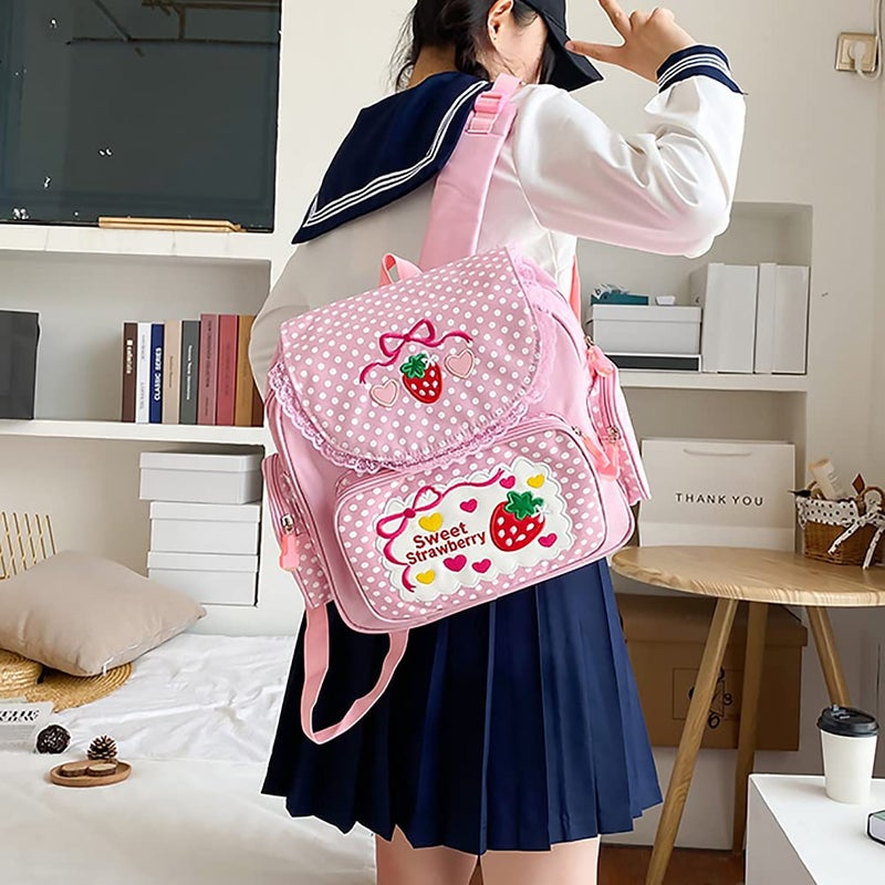 Lovemore Kawaii Embroidery Strawberry Backpack for Girl Teen Student School Bag Satchel Cute Pink Lace JK Backpack - Image 4