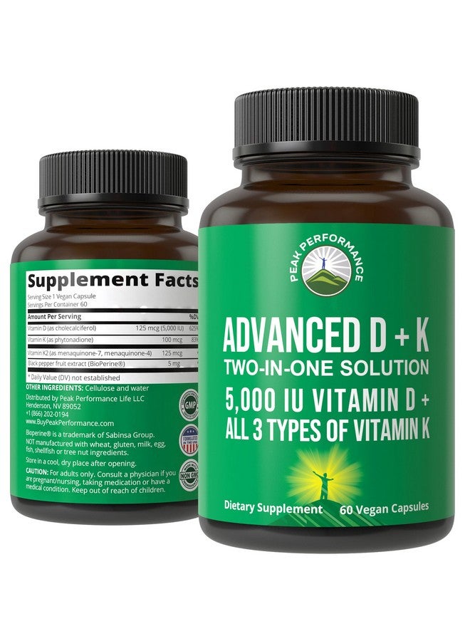 Peak Performance Advanced Vitamin D 5000 IU with All 3 Types of Vitamin K Vitamin D3 and Vitamin K2, K1, MK-7 (MK7), MK4 Supplement. 60 Small and Easy to Swallow Vegetable Pills (5000 IU) - Image 1
