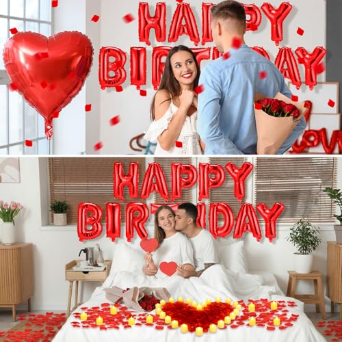 Charnoel Red Happy Birthday Balloons Decorations Happy Birthday Letter Balloons Banner Set with 24pcs Round Flameless LED Candles and 2000pcs Artificial Rose Petals for Women Men Room Party Decor - Image 5