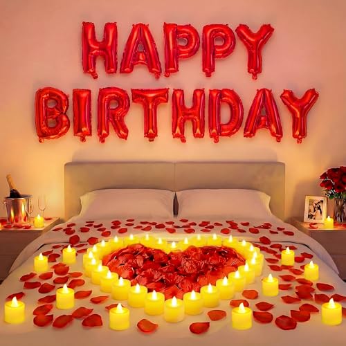 Charnoel Red Happy Birthday Balloons Decorations Happy Birthday Letter Balloons Banner Set with 24pcs Round Flameless LED Candles and 2000pcs Artificial Rose Petals for Women Men Room Party Decor - Image 1