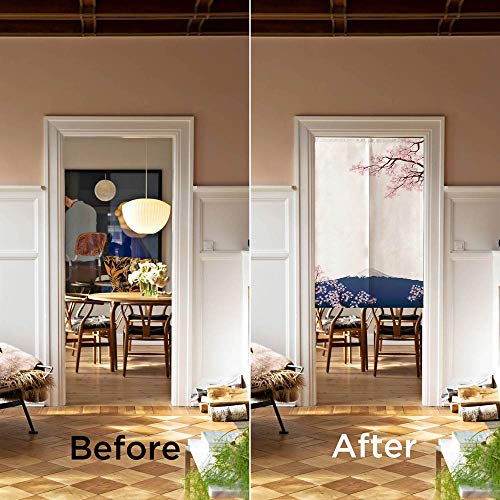 Ofat Home أوفات هوم ستارة باب يابانية نوري بنمط زهر الكرز ساكورا وجبل فوجي لوحة فنية للنسيج لتعليق الجدران ديكور منزلي، 33.5"x 59" - Image 4
