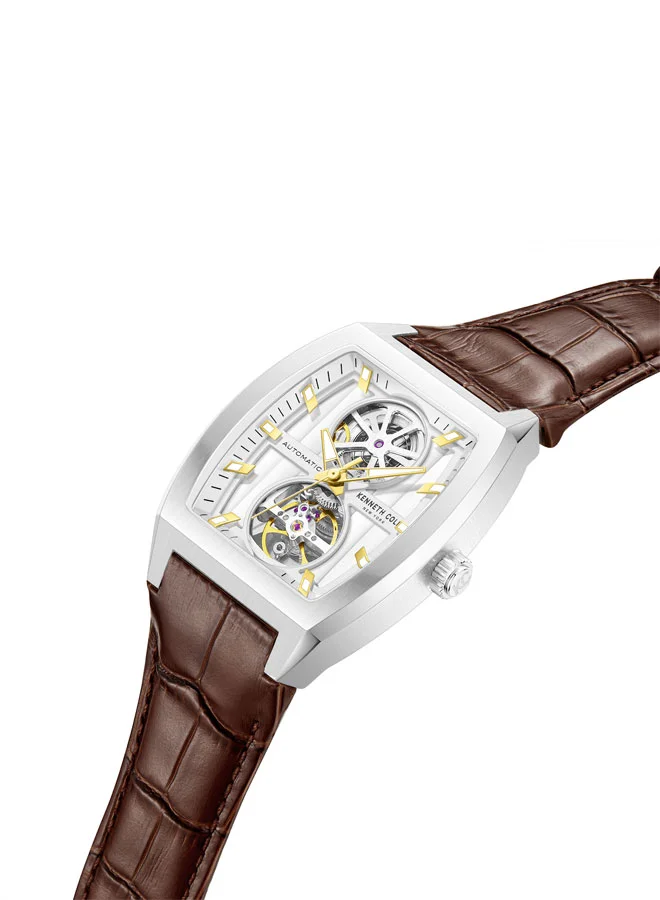 كينيث كول نيو يورك Kenneth Cole New York 40X52.5mm Automatic Men's Watch with Silver Dial & Brown Genuine Leather Strap