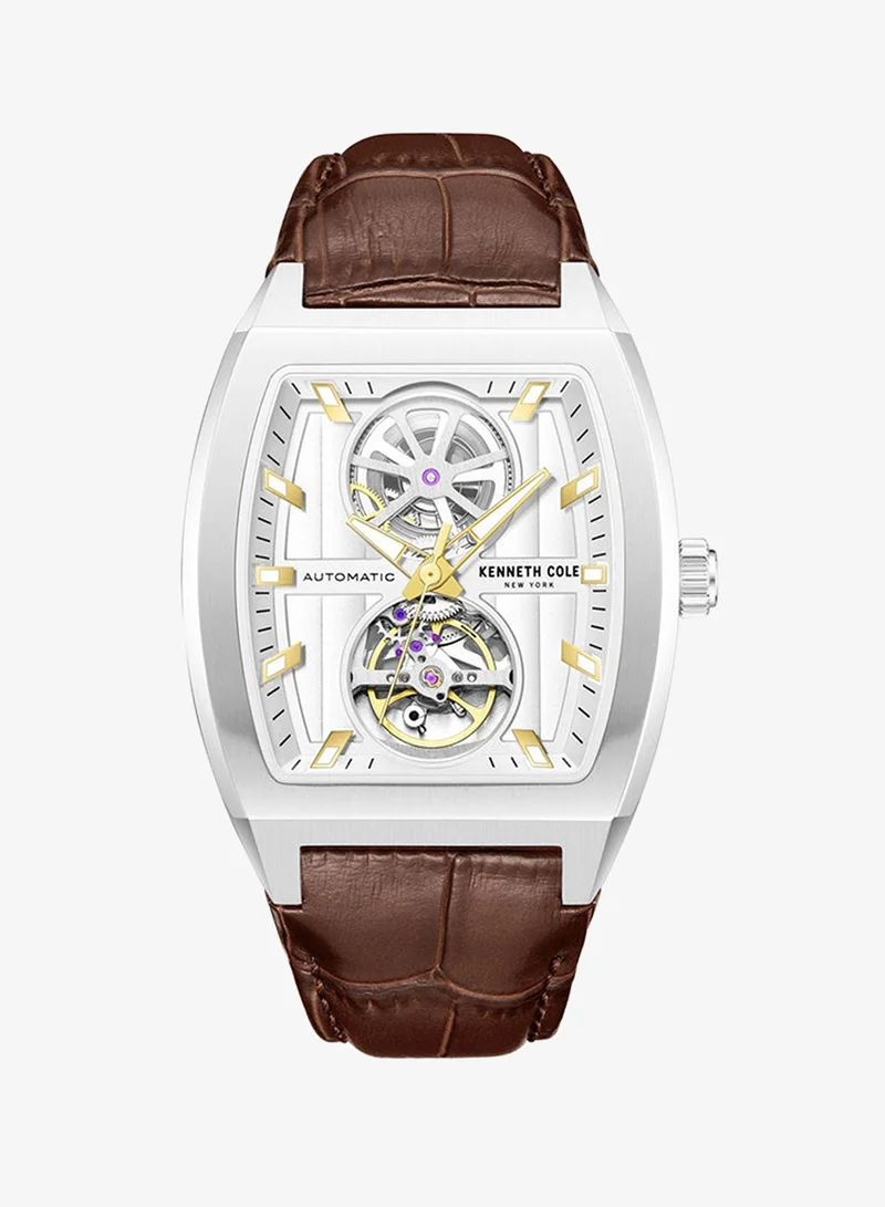 Kenneth Cole New York Kenneth Cole New York 40X52.5mm Automatic Men's Watch with Silver Dial & Brown Genuine Leather Strap