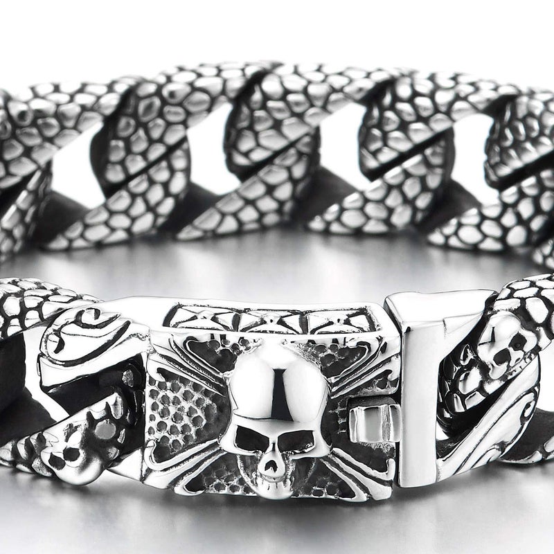 COOLSTEELANDBEYOND Skull Charms Snake Skin Pattern Curb Chain Mens Large Steel Bracelet with Pirate Skulls Clasp - Image 2