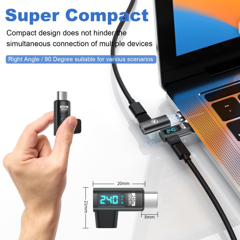 DuHeSin Digital Display USB C Magnetic Adapter Right Angle PD240W 24Pin(2 Pack)Voltage Current Power LED Display, Type C Power Meter Tester 90 Degree USBC 4 40Gbps 8K 60Hz for Thunderbolt 3/4, MacBook Pro/Air - Image 4
