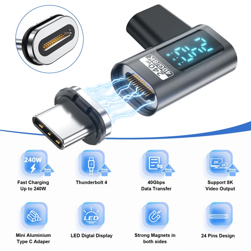 DuHeSin Digital Display USB C Magnetic Adapter Right Angle PD240W 24Pin(2 Pack)Voltage Current Power LED Display, Type C Power Meter Tester 90 Degree USBC 4 40Gbps 8K 60Hz for Thunderbolt 3/4, MacBook Pro/Air - Image 3