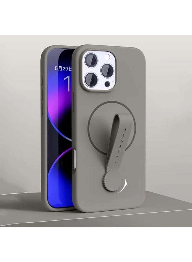 Magnetic Silicone Phone Case With 360 Degree Rotating Finger Band Mobile Phones Cover for Iphone 16 Pro Max (Grey)