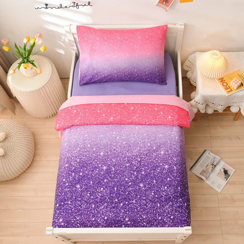 NTBED NTBED 4 Pieces Toddler Bedding Set for Baby Girls Pink Purple Glitter Printed Includes Comforter Flat Sheet Fitted Sheet and Pillowcase 