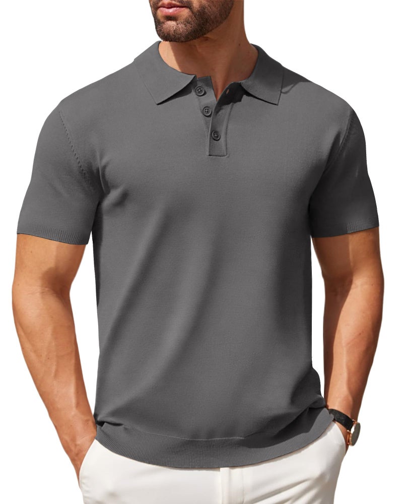 COOFANDY Men's Short Sleeve Polo Shirt Casual Knit Button Down Golf Shirt Dark Grey - Image 1