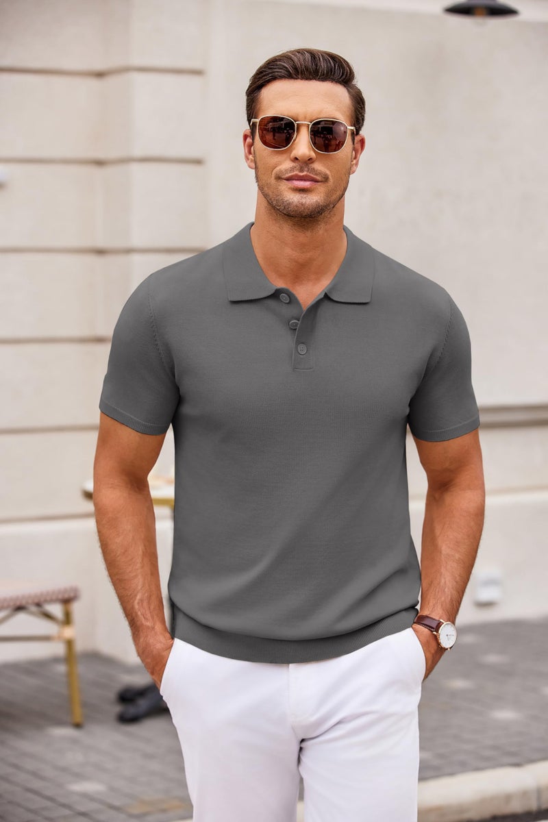 COOFANDY Men's Short Sleeve Polo Shirt Casual Knit Button Down Golf Shirt Dark Grey - Image 4