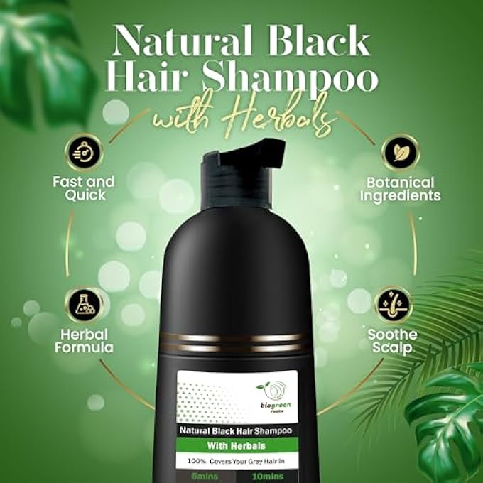 BIOGREEN ROOTS HERBAL NATURAL BLACK HAIR COLOR SHAMPOO - GREY HAIR COVERAGE IN 10 MINUTES - HAIR COLORING FOR MEN, WOMEN, ALL HAIR TYPES - NATURAL BLACK HAIR DYE - 200 ML SIZE - Image 2