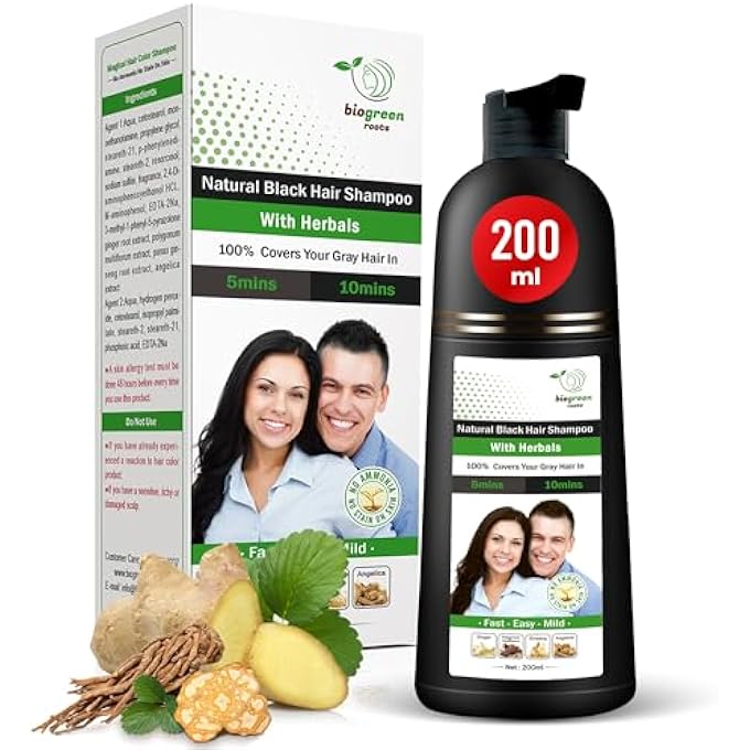 BIOGREEN ROOTS HERBAL NATURAL BLACK HAIR COLOR SHAMPOO - GREY HAIR COVERAGE IN 10 MINUTES - HAIR COLORING FOR MEN, WOMEN, ALL HAIR TYPES - NATURAL BLACK HAIR DYE - 200 ML SIZE - Image 1