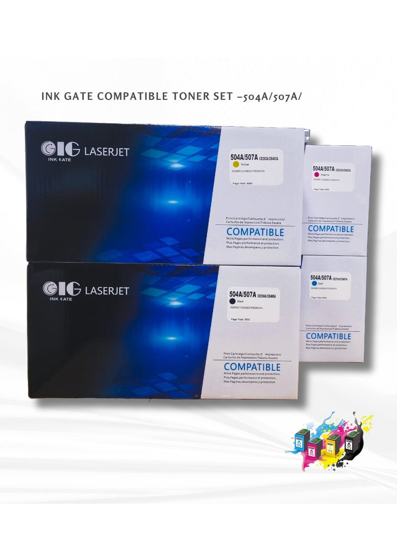IG Compatible Toner Cartridge Set – Black, Cyan, Magenta, Yellow – Replaces HP 504A / 507A / CE250A / CE251A / CE252A / CE253A – For HP Color LaserJet CP3525 / CM3530 / M551 / M575 Series – 4-Pack – 5500/6000 Pages - Image 1