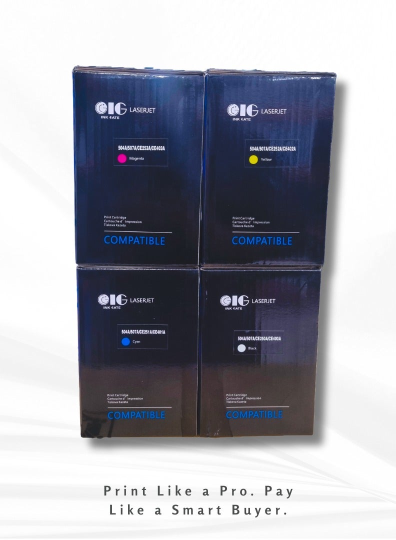 IG Compatible Toner Cartridge Set – Black, Cyan, Magenta, Yellow – Replaces HP 504A / 507A / CE250A / CE251A / CE252A / CE253A – For HP Color LaserJet CP3525 / CM3530 / M551 / M575 Series – 4-Pack – 5500/6000 Pages - Image 3