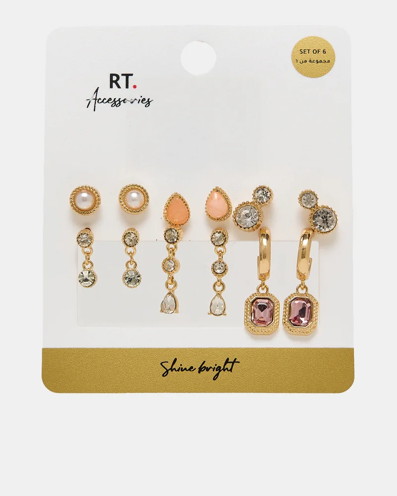 Redtag Women Gold Embellished Studs Set (6 Piece)
