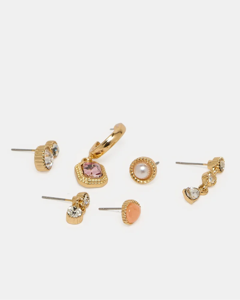 Redtag Women Gold Embellished Studs Set (6 Piece)