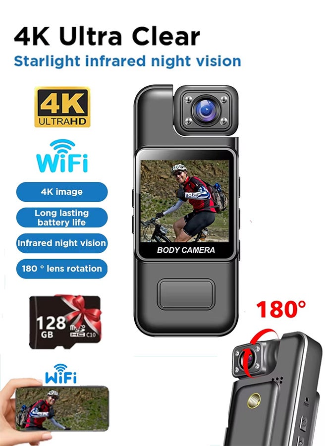 4K WiFi Mini Camera Ultra HD Portable Digital Video Recorder with Infrared Night Vision for Police BodyCam Sports DV And Riding,with 128G Card - Image 1