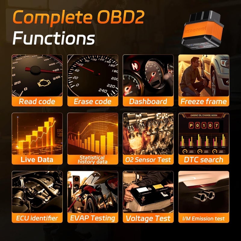 Konnwei OBD2 Scanner Bluetooth 5.2, Wireless Auto Fixd Car Diagnostic Tool, Works with iOS/Android, Check Engine Car Code Reader, Clear Error Code, Performance Test, Applicable to 99% of Cars(Orange) - Image 2