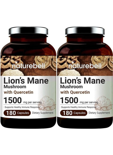Lions Mane Quercetin Supplements, 1500mg Lion's Mane Plus 25mg Quercetin Per Serving, 180 Capsules, 2 in 1 Formula, Supports Immune System and Brain Health, Non-GMO, Pack of 2