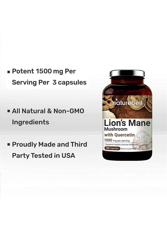 NatureBell - Lions Mane Quercetin Supplements, 1500mg Lion's Mane Plus 25mg Quercetin Per Serving, 180 Capsules, 2 in 1 Formula, Supports Immune System and Brain Health, Non-GMO, Pack of 2 - Image 1