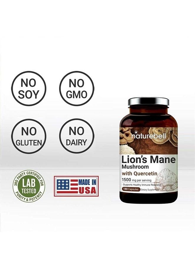 NatureBell - Lions Mane Quercetin Supplements, 1500mg Lion's Mane Plus 25mg Quercetin Per Serving, 180 Capsules, 2 in 1 Formula, Supports Immune System and Brain Health, Non-GMO, Pack of 2 - Image 1