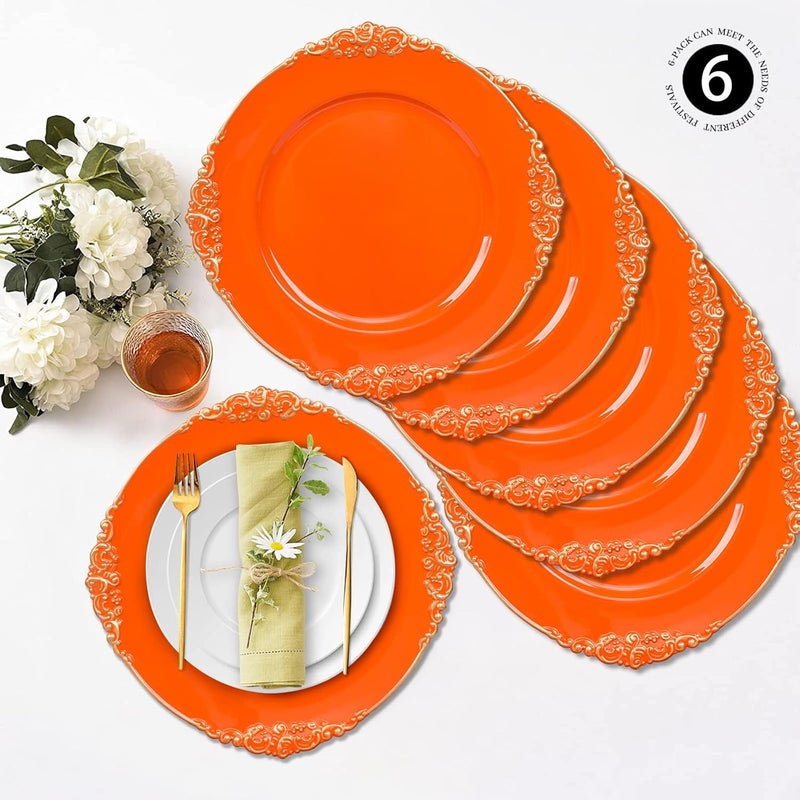 MAONAME Orange Charger Plates with Gold Rim Round Antique Plate Chargers for Dinner Plates 13 Plastic Charger for Wedding Table Setting Set of 6 - Image 4