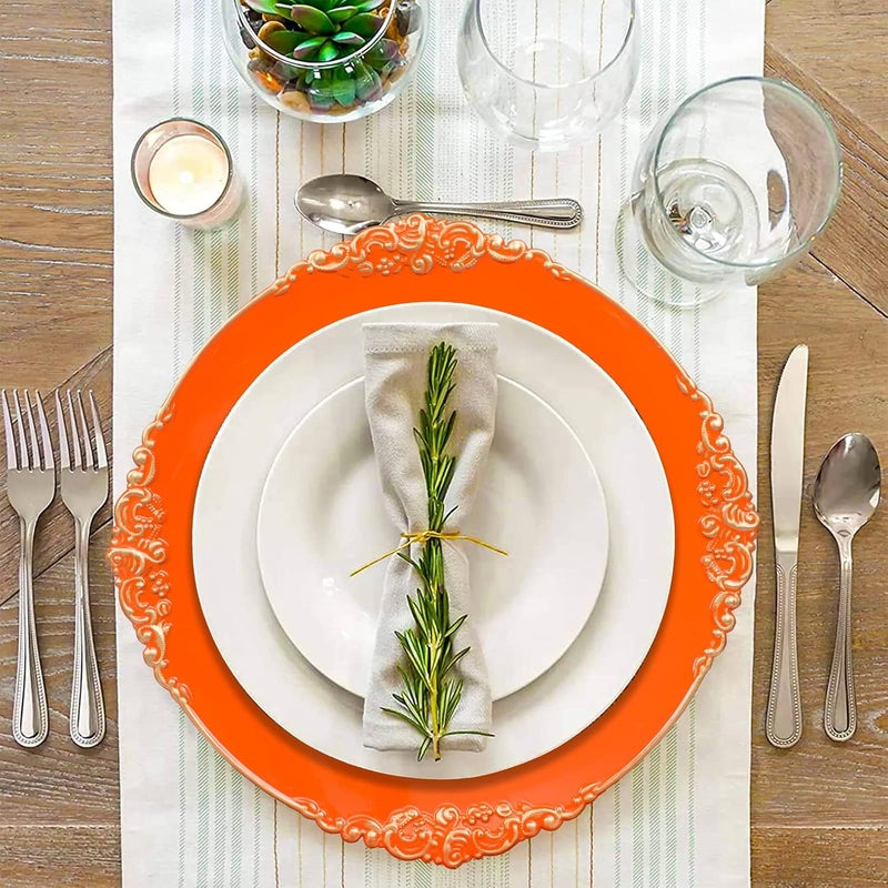 MAONAME Orange Charger Plates with Gold Rim Round Antique Plate Chargers for Dinner Plates 13 Plastic Charger for Wedding Table Setting Set of 6 - Image 2
