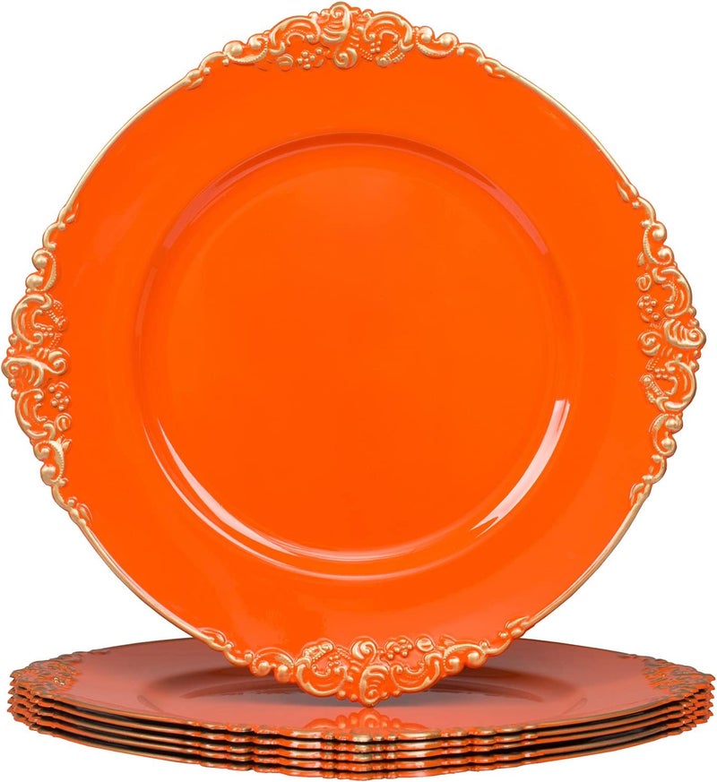 MAONAME Orange Charger Plates with Gold Rim Round Antique Plate Chargers for Dinner Plates 13 Plastic Charger for Wedding Table Setting Set of 6 - Image 1