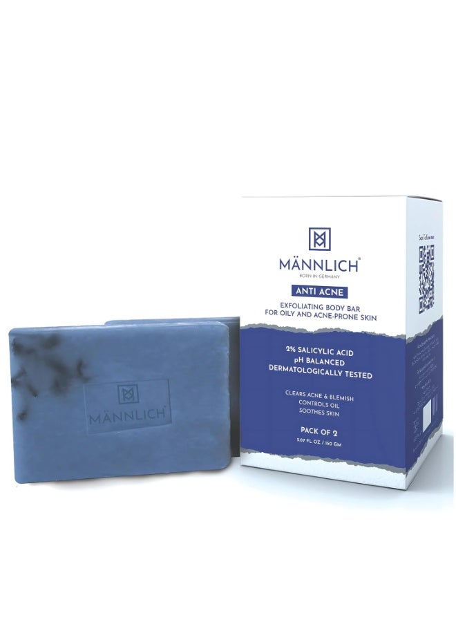 Mannlich Anti-Acne Soap | Controls Excess Sebum | Handmade Body & Face Soap for Acne-Prone and Oily Skin | 2% Salicylic Acid, 2% Niacinamide & 2% Tea Tree Oil | Brightens Skin, Fades Dark Spots | Prevents Body Acne | pH Balanced, SLS Free, Dermatologically Tested | 75 g (Pack of 2) - Image 1