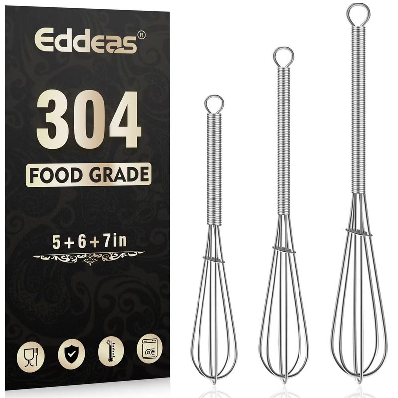 Eddeas Small Whisk Stainless Steel Mini wire whisk 3 Pieces 5in 6in 7in Tiny Whisks Perfect for Whisking Beating Mixing Sauces Blending Ingredients