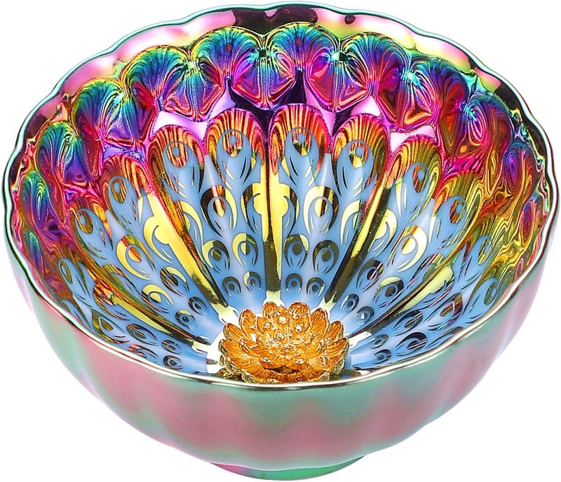 CmengAo Colorful Tenmoku Tea Cups 5 oz Jianzhan Ceramic Teacup with Peacock and Lotus Decorations in Bottom Handmade Traditional Chinese Small Tea Cups Set of 2  - Image 2
