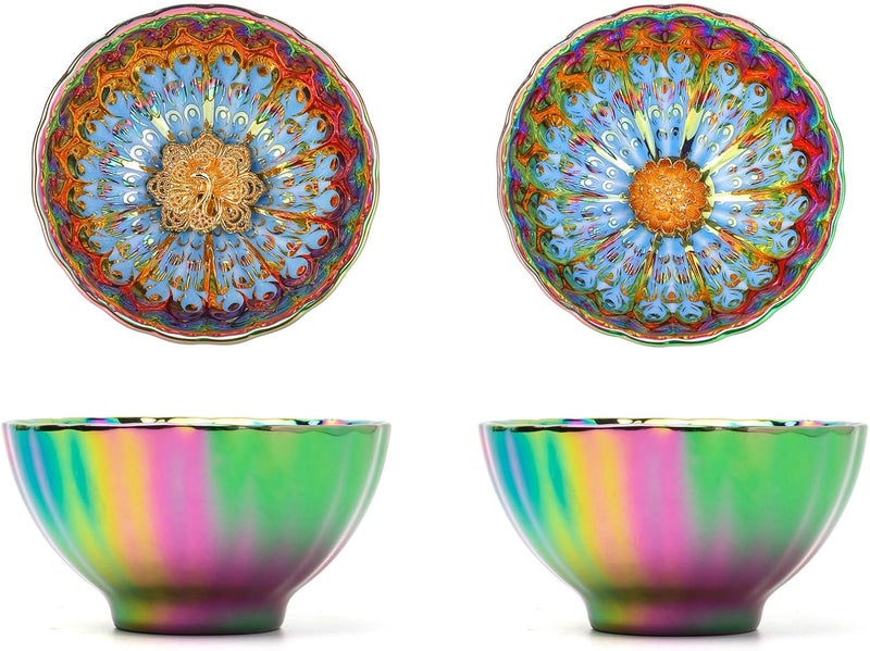 CmengAo Colorful Tenmoku Tea Cups 5 oz Jianzhan Ceramic Teacup with Peacock and Lotus Decorations in Bottom Handmade Traditional Chinese Small Tea Cups Set of 2  - Image 1