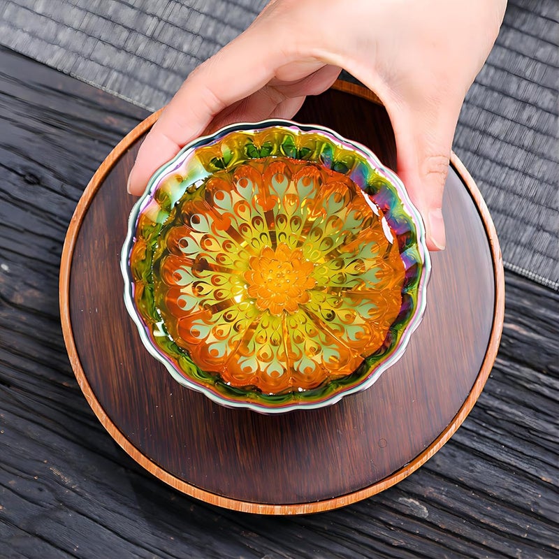 CmengAo Colorful Tenmoku Tea Cups 5 oz Jianzhan Ceramic Teacup with Peacock and Lotus Decorations in Bottom Handmade Traditional Chinese Small Tea Cups Set of 2  - Image 5