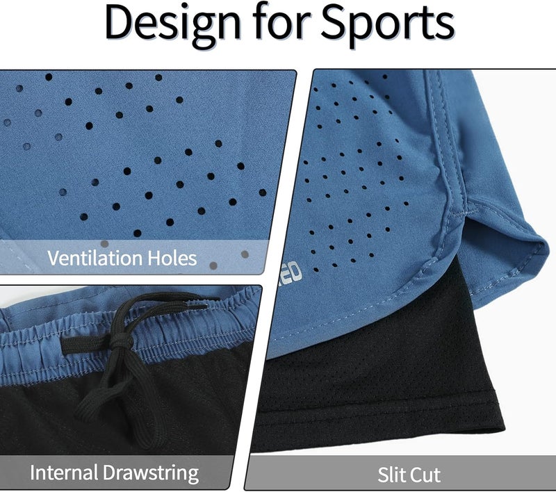 ARSUXEO Men's Active Training Running Shorts 2 in 1 - Blue, Size Large - Image 5