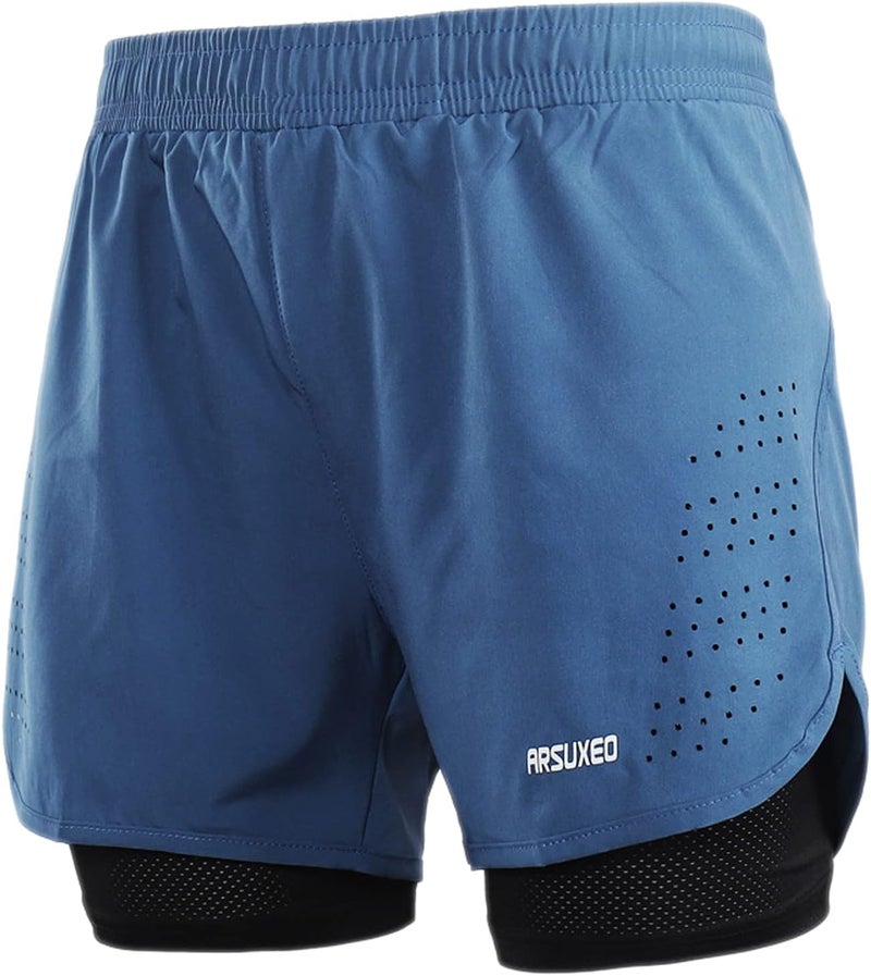 ARSUXEO Men's Active Training Running Shorts 2 in 1 - Blue, Size Large - Image 1