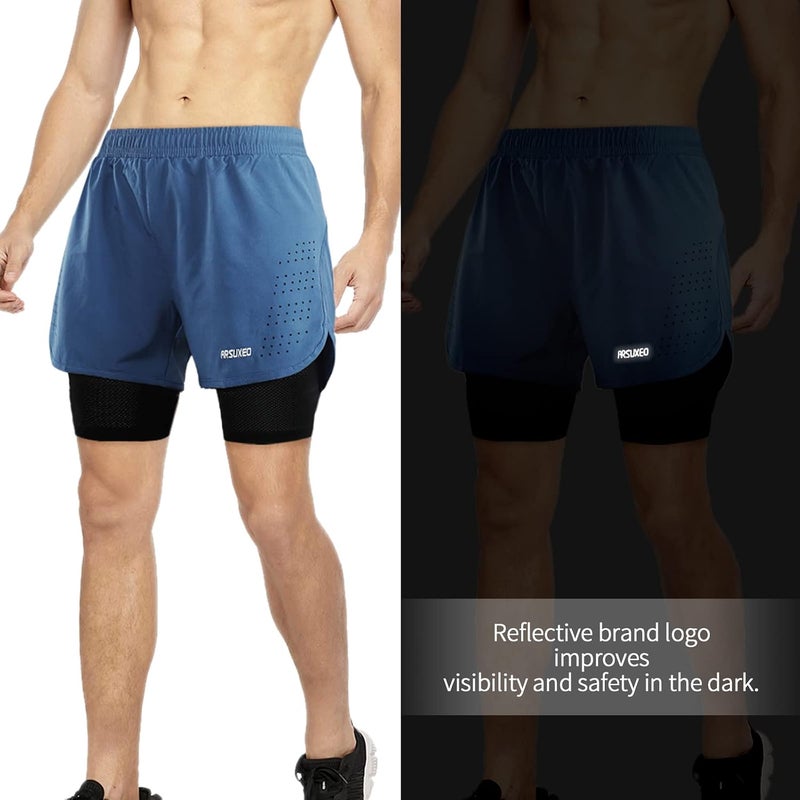 ARSUXEO Men's Active Training Running Shorts 2 in 1 - Blue, Size Large - Image 2